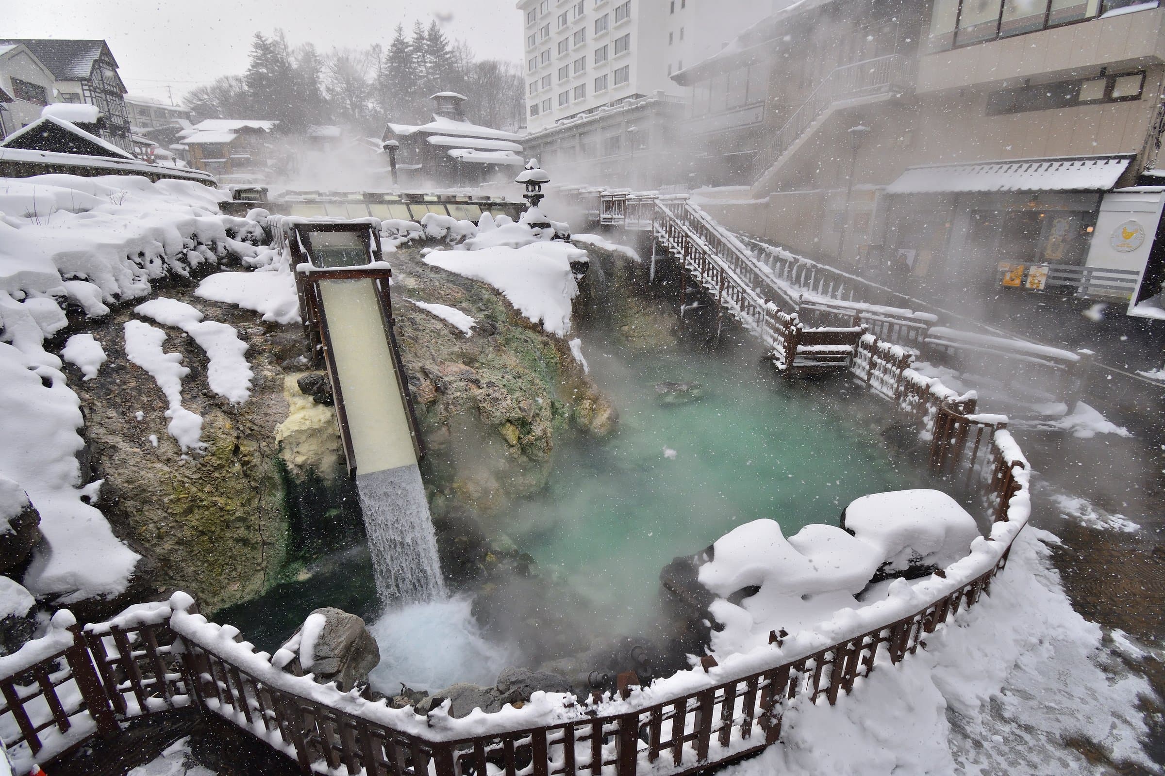 The Yubatake during snowfall in Kusatsu